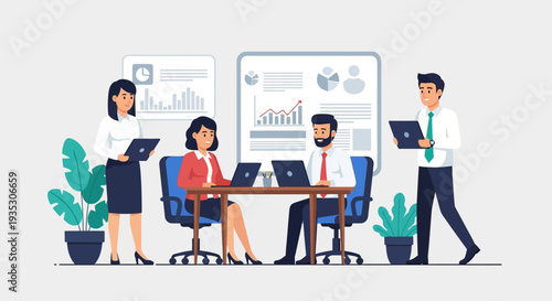 Business Professionals Working Together at Office Desk.