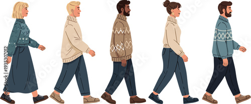 Five people walking in sweaters and casual pants