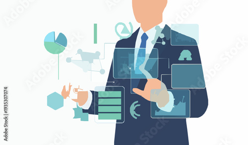 Businessman interacting with 3D digital business innovation vector illustration