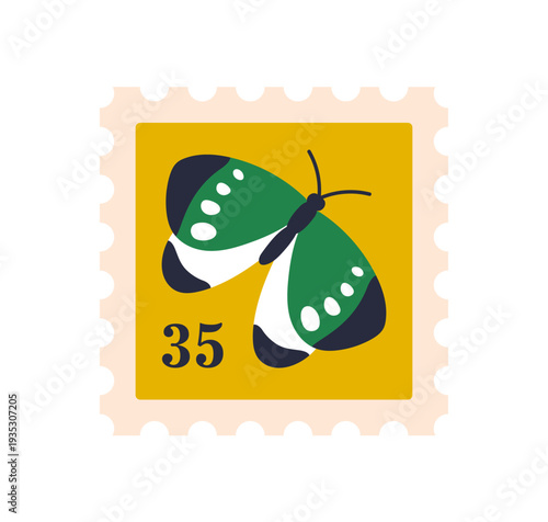 Butterfly, post stamp design. Postal mark with fauna, exotic nature. Square s...