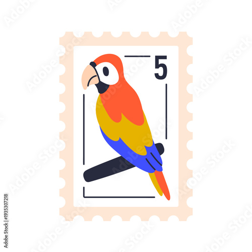 Parrot, post stamp. Tropical exotic bird sitting on branch, postmark design w...