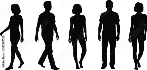 Five black silhouettes of people walking on white background