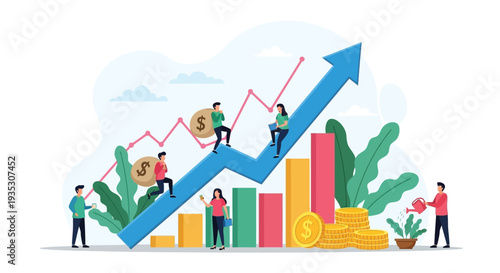 Business success graph with growing profits and people analyzing financial data together