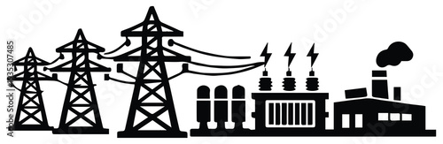Minimalist black silhouette vector icon of an electric power generation and transmission system, featuring multiple high-voltage transmission towers connected with power lines