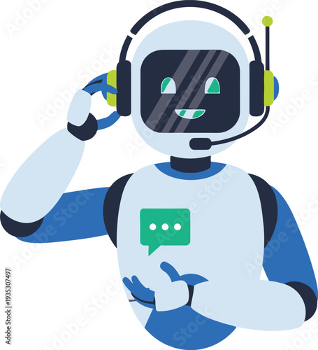 Friendly humanoid robot engaging in a virtual video call with a headset