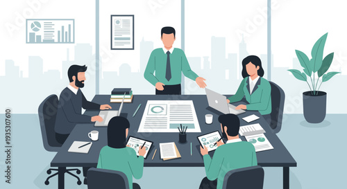 Business Meeting with Colleagues Discussing Documents.