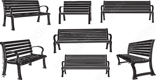 Collection of black metal benches in various configurations shown