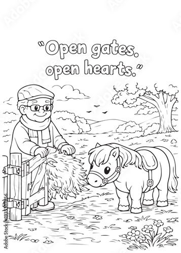 coloring book grandpa and pony pausing by a calm stream to enjoy the quiet view