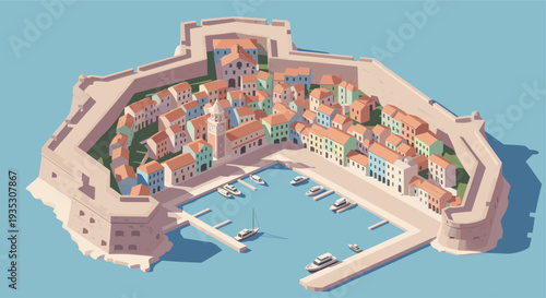 This illustration showcases an isometric view of a walled coastal village featuring traditional buildings, a clock tower, and a harbor with boats under a sunny, cloudless sky.