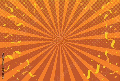 A bright and colorful sunburst background with radial rays, confetti, and light effects, creating a festive and eye‑catching atmosphere for promotions, sales, and advertisements. orange