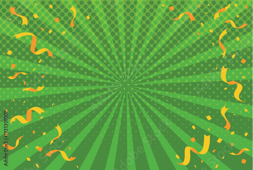 A bright and colorful sunburst background with radial rays, confetti, and light effects, creating a festive and eye‑catching atmosphere for promotions, sales, and advertisements. yellow green