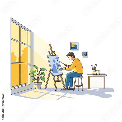 Man painting in cozy indoor studio with sunlight and plants  
