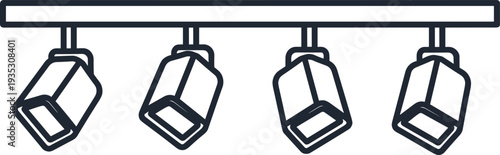 Modern track lighting icon with four adjustable spotlights on a ceiling rail, minimalist linear vector illustration for interior design projects.