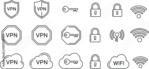 Digital Security and Network Connectivity Icon Set Featuring VPN Shield Key Padlock Cloud and Wifi Symbols for Internet Privacy Data Protection and Cyber Safety Design