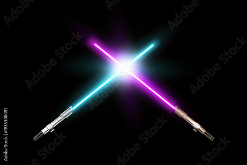 Photorealistic detailed realistic design cyan and purple neon crossed swords isolated. Vector illustration