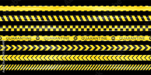 Photorealistic detailed realistic Black and yellow seamless warning stripe line pack isolated. Biohazard covid lines. Realistic police tape. Vector illustration