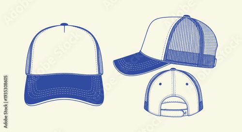 Blank Trucker Hat Template Front Side Back Views Vector Apparel Mockup Design