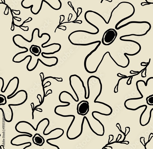 abstract square seamless pattern with cute chamomile flowers. hand drawn  floral pink background surface design, textile, print, wrapp paper, cover. cute art illustration.