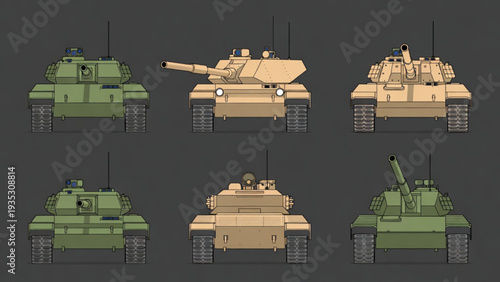 Modern Military Tank Variations in Side View Illustration Set