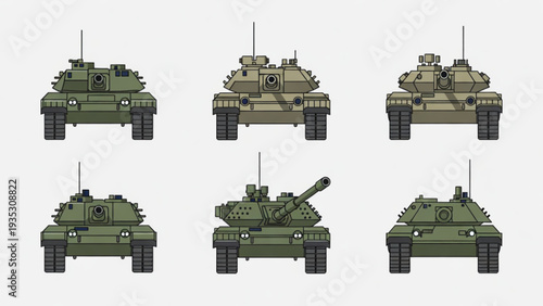 Modern Military Tank Variations in Side View Illustration Set