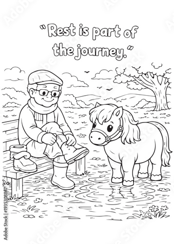 coloring book grandpa smiling proudly as his pony balances playfully on a small barrel