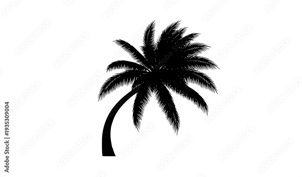 Obraz premium Curved Tropical Palm Tree Black Silhouette Vector Illustration on White Background