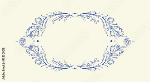 Vintage Blue Hand Drawn Floral Frame Vector Elegant Botanical Garland with Spring Flowers