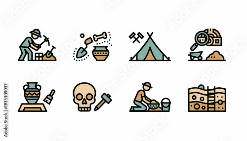 Archeology Icons Set: Digging, Tools, Artifacts, Skull, Tent