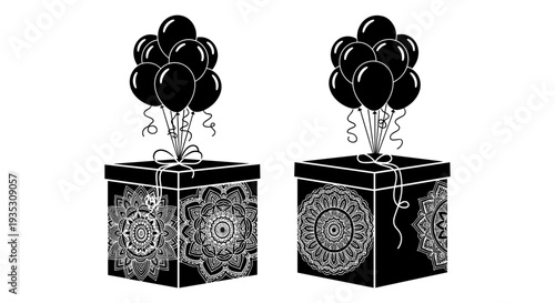 Two gift boxes adorned with black balloons and intricate wrapping patterns. Vector, illustration