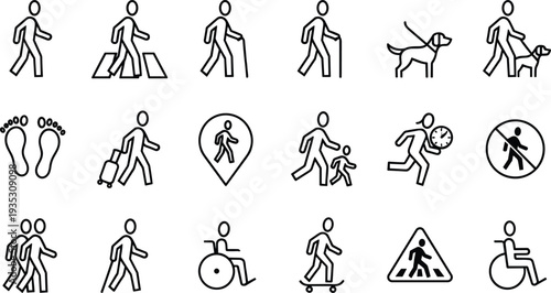 Pedestrian and movement line icon set featuring walking people disabled accessibility figures travel symbols and traffic safety signs for urban navigation