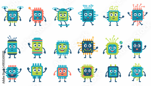 Cute Microchip Characters Set