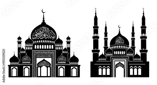 Intricate architectural designs of traditional islamic mosques with domes and minarets Vector, illustration