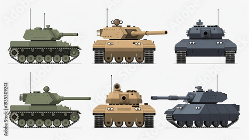 Modern Combat Tank Set – Armored Vehicles Side View Illustration 