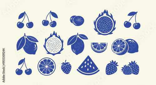 Monochrome Blue Fresh Fruit Vector Icons Set Cherries Strawberries Dragon Fruit Citrus Watermelon