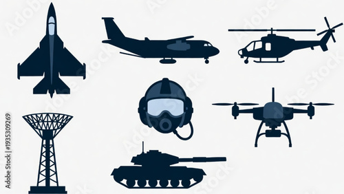 Aviation Military Icon Set – Air Combat and Airport Control Elements