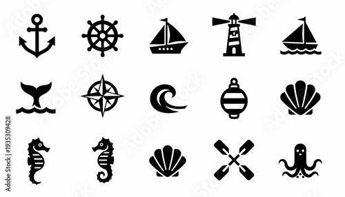 Nautical Icons: Anchor, Ship, Lighthouse, Seashell, Seahorse, Octopus