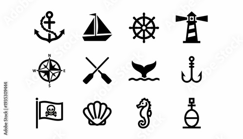 Nautical Icons Set: Anchor, Sailboat, Lighthouse, Compass, Seahorse