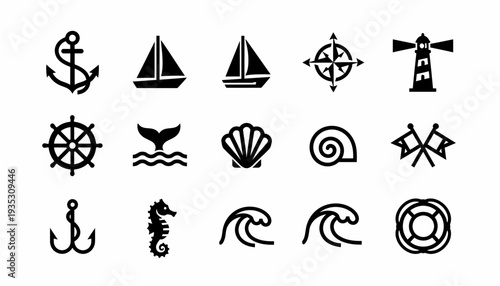 Nautical Icons Set: Anchor, Sailboat, Lighthouse, Compass, Seahorse