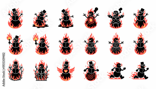 Pixel Art Snowmen Burning in Flames - Funny Characters Collection