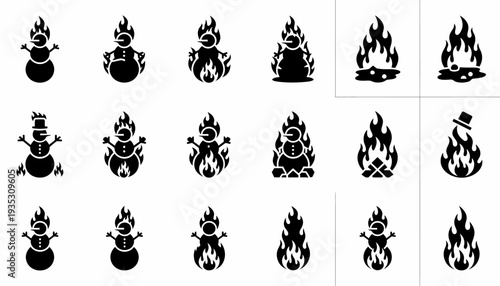 Snowman on Fire Icons Set