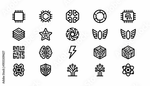 Technology Icons Set: AI, Brain, CPU, Science, Network, Security