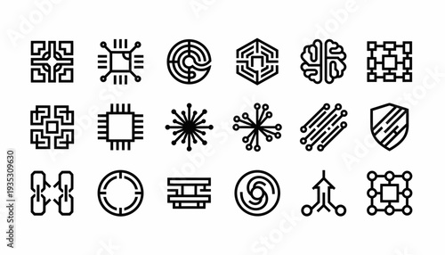 Technology Icons: AI, Circuits, Network, Data, Security, Brain