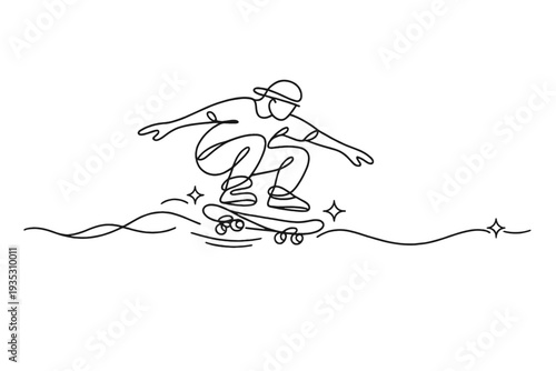 Minimalist single line drawing of a skateboarder performing a trick with dynamic motion lines