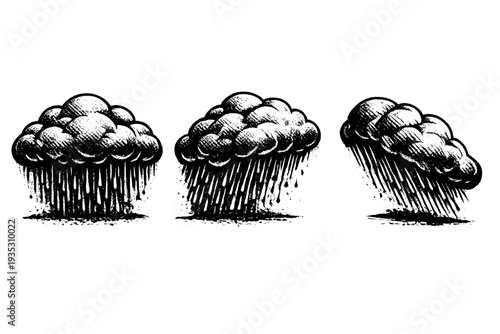 Three distinct black and white illustrations of rain clouds with falling precipitation