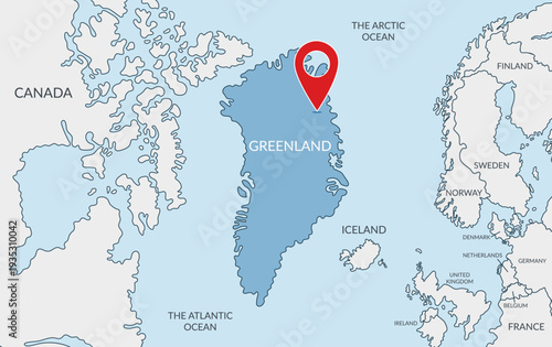 Greenland location on the world map with pin location marker2. Vector flat template.