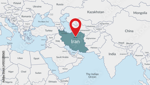Iran location on the world map with pin location marker2. Vector flat template.