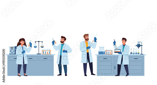 Scientists conducting experiments in laboratory setting with various equipment and chemical reactions