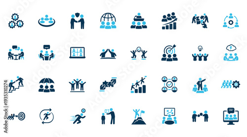 A comprehensive collection of modern flat design icons representing teamwork, collaboration, leadership, business strategy, communication, and success in a corporate environment.