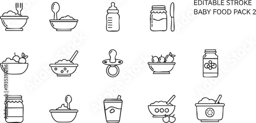 Editable stroke baby food including bowls jars bottles and pacifiers line black and white