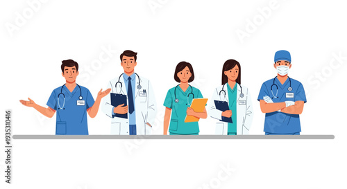 Diverse medical professionals standing together with various medical attire and accessories displayed